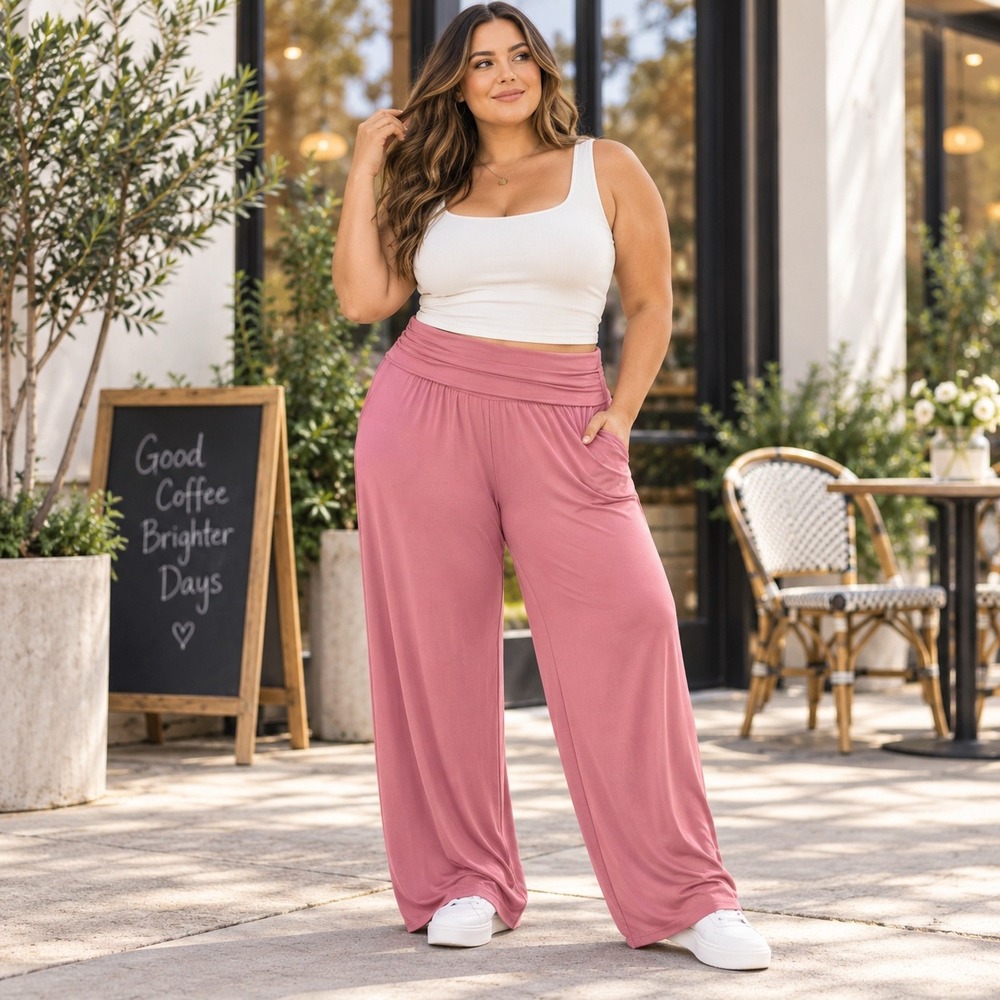 Blogilates Homebody Foldover Wide Leg Pants Pink XL NWT